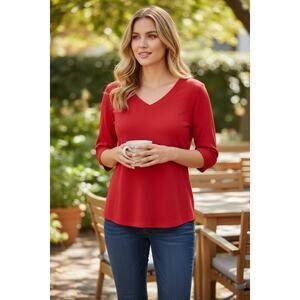 Talbots Hot Pink V-Neck Top Size Large Cotton Blend Short Sleeve Classic